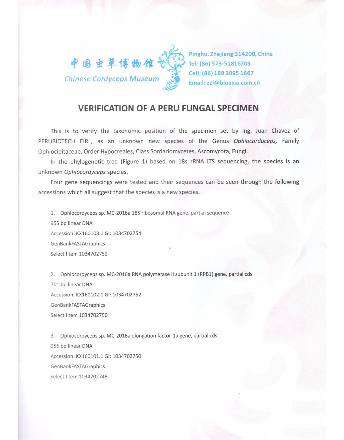 Verification of a Perú Fungal Specimen (page 1)
